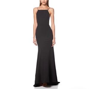 Jarlo Women's Formal Dress Size 12 Black Backless A-Line Evening Gown with Train